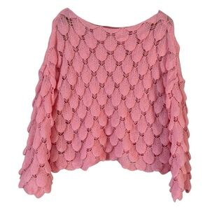 Pink Pointelle Knit Drop Shoulder Bell Sleeve Sweater Women's Size Medium Boho